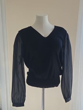 Talbots Black V-Neck Sweater with Sheer Long Sleeves